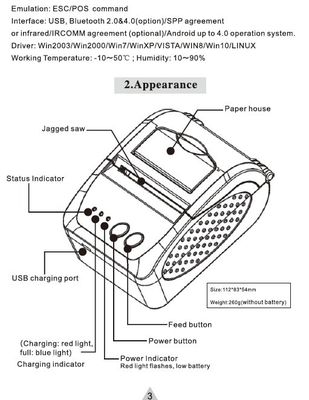 Impresora de recibos de papel térmico de 58 mm para Android IOS Mobile