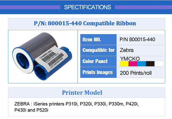 Zebra P330i P430i Impresora cinta 800015-440 YMCKO Color para 200 impresiones de tarjetas de visita